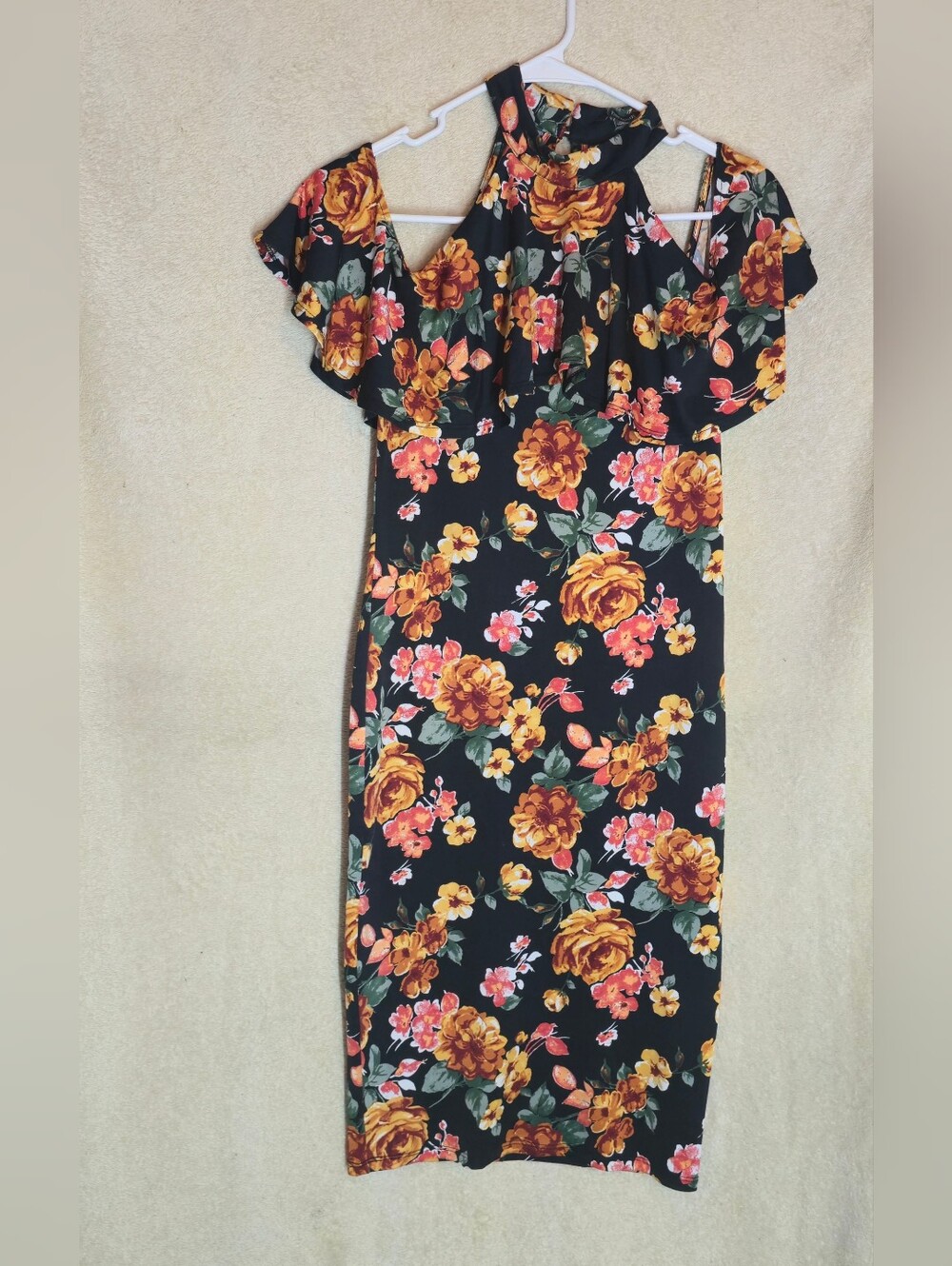 & Harmony Size M Knee-Length Bodycon Dress Orange/Pink Floral Print Halter-Style